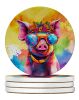 Hippie Animal Pig Large Sandstone Coasters Pack of 4 Absorbent Round Coasters Decor Gifts for Men or Women, 4 in, Multicolor