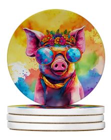 Hippie Animal Pig Large Sandstone Coasters Pack of 4 Absorbent Round Coasters Decor Gifts for Men or Women, 4 in, Multicolor