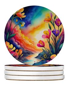 Colorful Freesia Large Sandstone Coasters Pack of 4 Absorbent Round Coasters Decor Gifts for Men or Women, 4 in, Multicolor