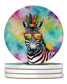 Hippie Animal Zebra Large Sandstone Coasters Pack of 4 Absorbent Round Coasters Decor Gifts for Men or Women, 4 in, Multicolor