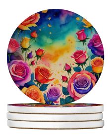 Colorful Roses Large Sandstone Coasters Pack of 4 Absorbent Round Coasters Decor Gifts for Men or Women, 4 in, Multicolor