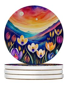 Colorful Crocus Large Sandstone Coasters Pack of 4 Absorbent Round Coasters Decor Gifts for Men or Women, 4 in, Multicolor