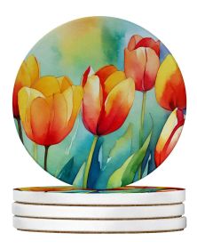 Tulips in Watercolor Large Sandstone Coasters Pack of 4 Absorbent Round Coasters Decor Gifts for Men or Women, 4 in, Multicolor (Default: Default)