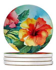 Hawaii Hawaiian Hibiscus in Watercolor Large Sandstone Coasters Pack of 4 Absorbent Round Coasters Decor Gifts for Men or Women, 4 in, Multicolor (Default: Default)